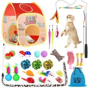 TAIMASI 34Pcs Cat Toys Kitten Toys, Interactive Kitty Toys with Collapsible Cat Tunnels Tent, Cat Wand Catnip Feather Teaser